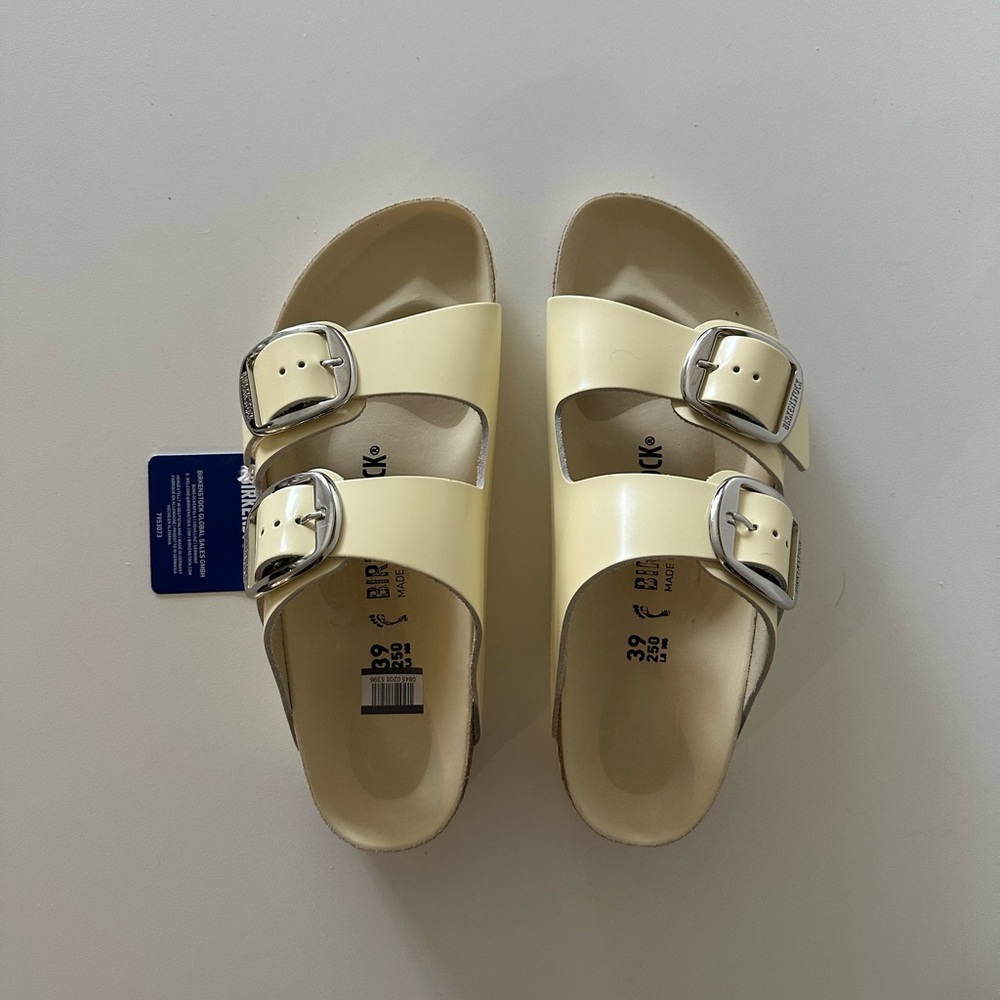 NEW Birkenstock Arizona Big Buckle High Shine Butter Leather 39 8-8.5 Silver - Picture 4 of 8